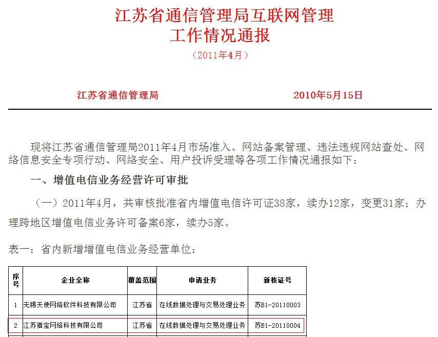 江苏猎宝网络科技有限公司于2011年4月经审核核实获得 苏B1-20110004号 增值电信业务经营许可证。